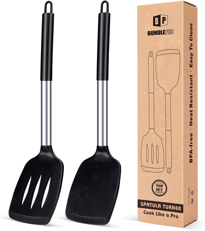 Pack of 2 Silicone Solid Turner, Non Stick Slotted Kitchen Spatulas, High Heat Resistant BPA Free Cooking Utensils, Ideal Cookware for Fish, Eggs, Pancakes (Black)