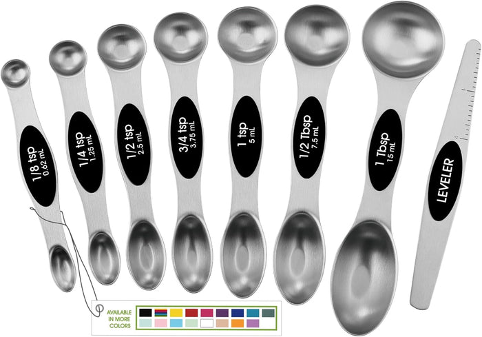 Magnetic Measuring Spoons Set with Strong N45 Magnets, Heavy Duty Stainless Steel Metal, Fits in Most Kitchen Spice Jars for Baking & Cooking, BPA Free, Black, Set of 8 with Leveler