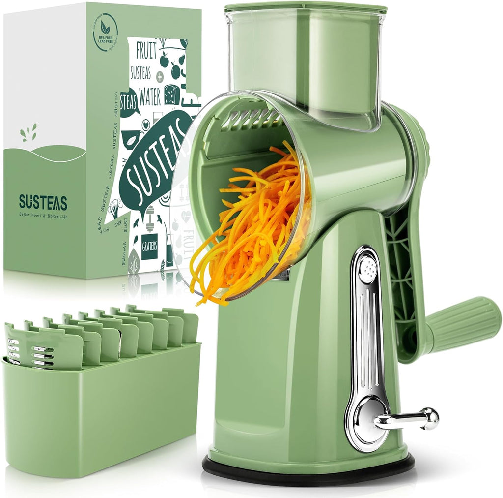 Rotary Cheese Grater with Handle - Vegetable Shredder with 5 Well-designed Blades & Strong Suction Base,Round Mandoline Slicer & Food Chopper for Kitchen,with Blade Storage Box(Retro Green)