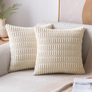 Pack of 2 Corduroy Decorative Throw Pillow Covers 18x18 Inch Soft Boho Striped Pillow Covers Spring Modern Farmhouse Home Decor for Sofa Living Room Couch Bed Cream White