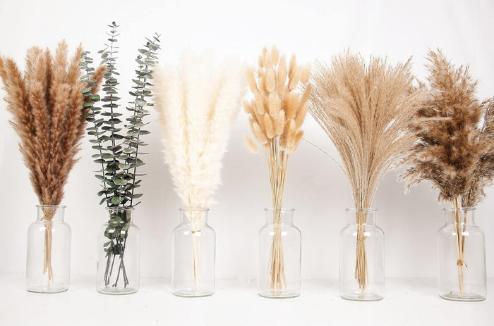 110 PCS of Boho Pampas Grass Decor, Naturally Dried Pompas, Bunny Tails Dried Flowers, and dried eucalyptus. Perfect for Weddings, Boho Party Decorations, and Table Decor