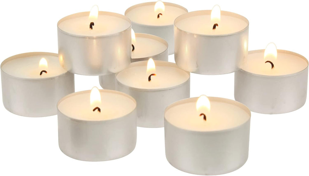 100 Count White Unscented Smokeless Long Burning Tea Light Candles with 6-7 Hour Burn Time