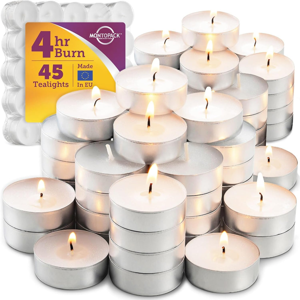 Unscented Tea Light Candles 45 Pack | 4 Hours, White, Smokeless, Dripless Small Votive Paraffin Tealights | Long-Lasting for Home, Shabbat, Weddings, Events, Emergencies | Mini Candles Bulk