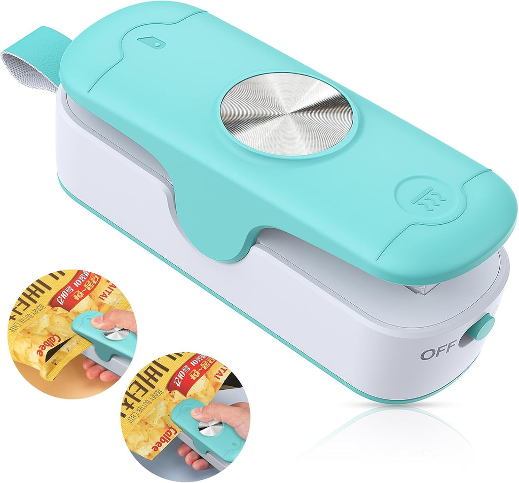 Mini Bag Sealer 2 in 1 Heat Sealer with Cutter, Portable Handheld Chip Bag Sealer Bag Resealer Sealing Machine Kitchen Gadget Food Storage, Green/White (Batteries Included)