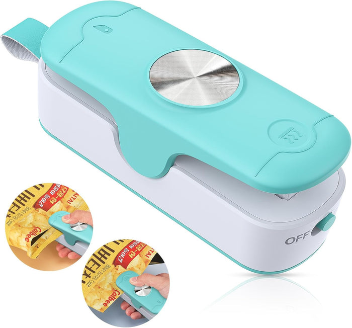 Mini Bag Sealer 2 in 1 Heat Sealer with Cutter, Portable Handheld Chip Bag Sealer Bag Resealer Sealing Machine Kitchen Gadget Food Storage, Green/White (Batteries Included)