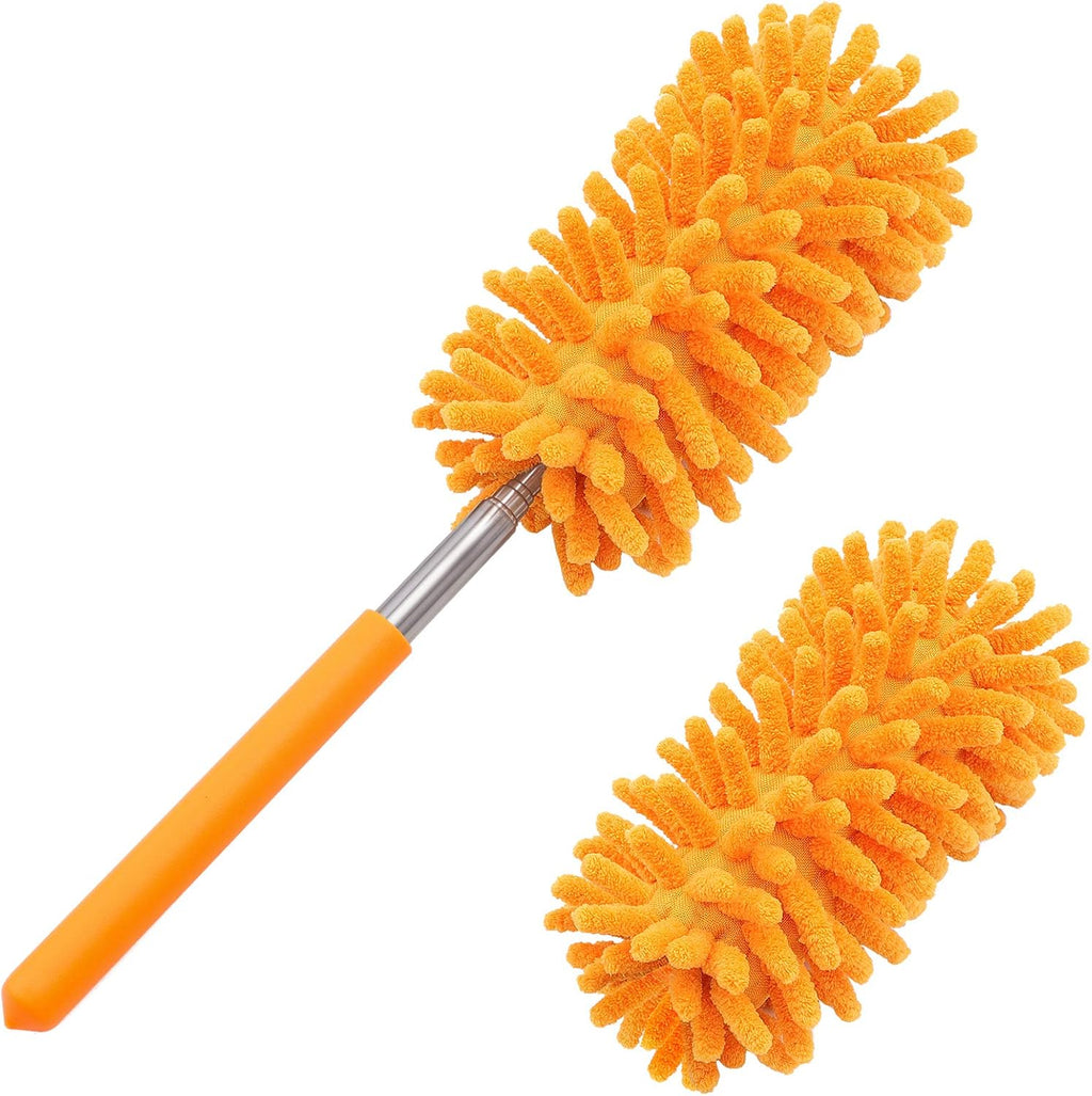 Hand Washable Dusters with 2pcs Replaceable Microfiber Head, Extendable Pole, Detachable Cleaning Supplies for Office, Car, Window, Furniture, Ceiling Fan, Bright Orange