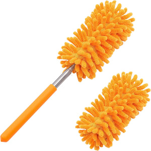 Hand Washable Dusters with 2pcs Replaceable Microfiber Head, Extendable Pole, Detachable Cleaning Supplies for Office, Car, Window, Furniture, Ceiling Fan, Bright Orange