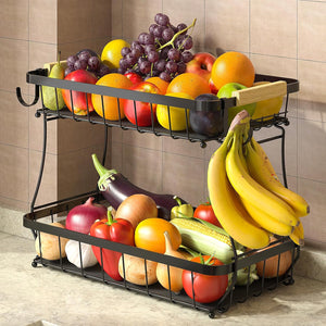 2 Tier Fruit Basket for Kitchen with 2 Banana Hangers, Detachable Metal Fruit Bowl for Kitchen Counter for Fruit and Vegetable Storage, Large Capacity Rectangular Storage Stand Bowls