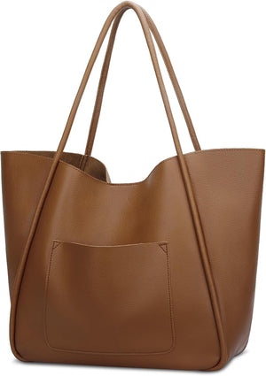 Tote Bag for Women Vegan Leather Shoulder Purse Large Capacity Travel Bag, Light Brown