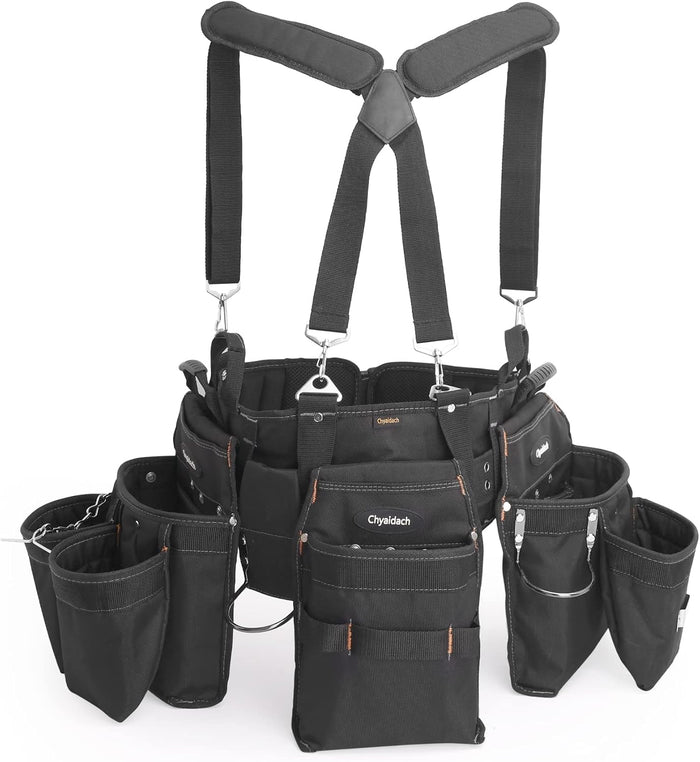 16-Pockets Tool Belts for man with Suspenders, Detachable & Adjustable Tool Pouches Bag & Back Support Tool belt Combo