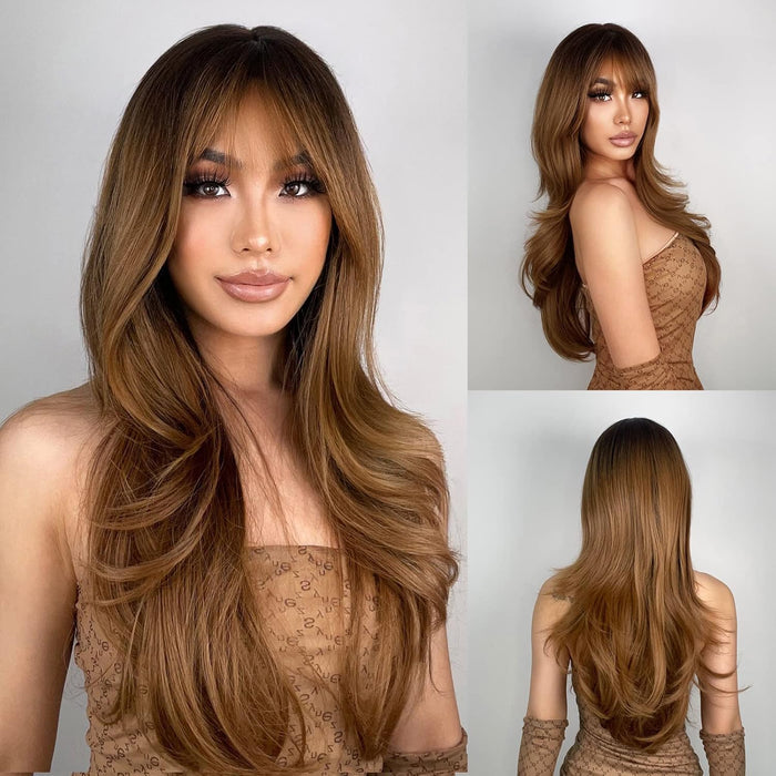 Light Brown Wigs for Women Brown Wig with Bangs 24‘’Ombre Brown Wig with Dark Roots Long Layered Wig Heat Resistant Synthetic Wig Natural Looking