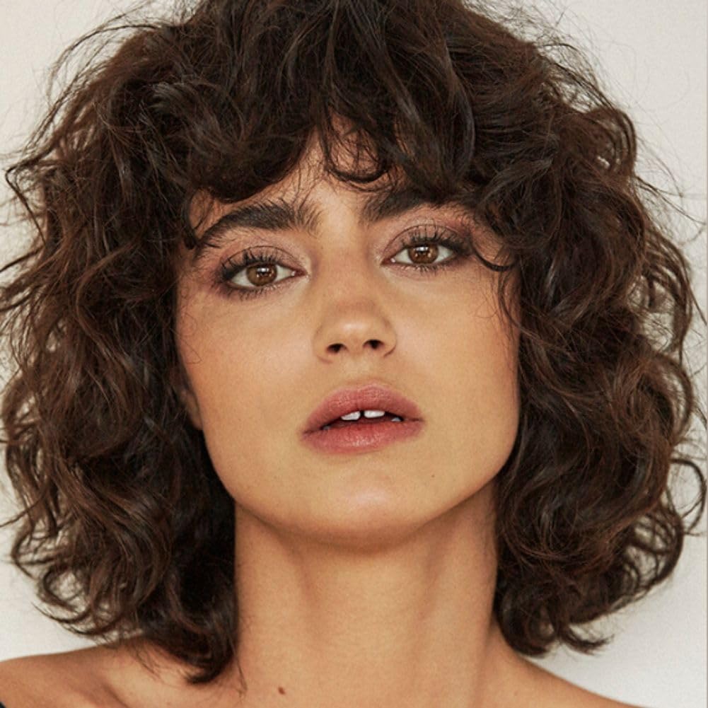 Short Brown Curly Wig Womens Bob Wig with Bangs Shoulder Length Naturel Hair Wigs, Short Brown