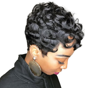 Short Pixie Wigs for Black Women Short Black Curly Pixie Wigs Synthetic Hair Wigs for Black Women Natural Wavy Black Pixie Cut Wig Short Curly Layered Pixie Wig for Women(Natural Black)