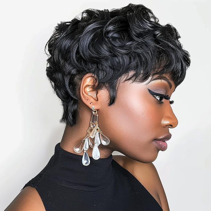 Short Wigs For Black Women Pixie Cut Wigs Natural Curly Black Wigs For Women Daily Wig Layered Wigs Natural Wavy Black Short Curly Pixie Wig for Women (Natural Black)