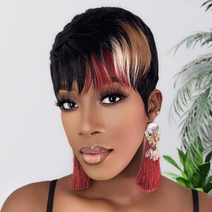 Pixie Cut Wig for Black Women Human Hair Multi-color Pixie Wig with Bangs Brazilian Virgin Human Hair Short Wigs