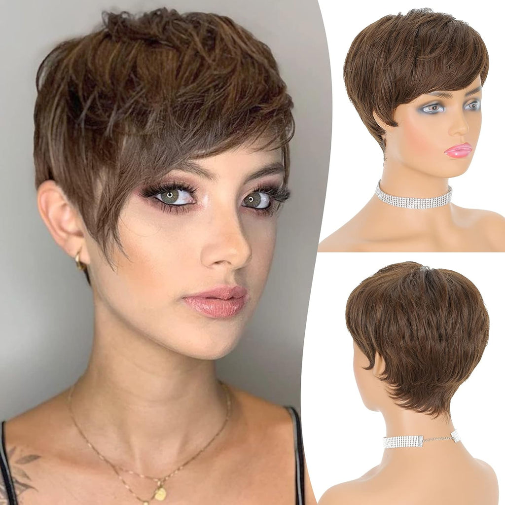 Short Pixie Cut Wigs Synthetic Coffee Brown Pixie Haircut Wig with Bangs Glueless Layered Wavy Wigs for Women