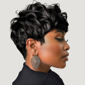 Pixie Cut Wigs Short Black Curly Pixie Wigs Layered Heat Resistant Wigs Pixie Cut Wig For Black Women Natural Wavy Wig with Bangs(black)