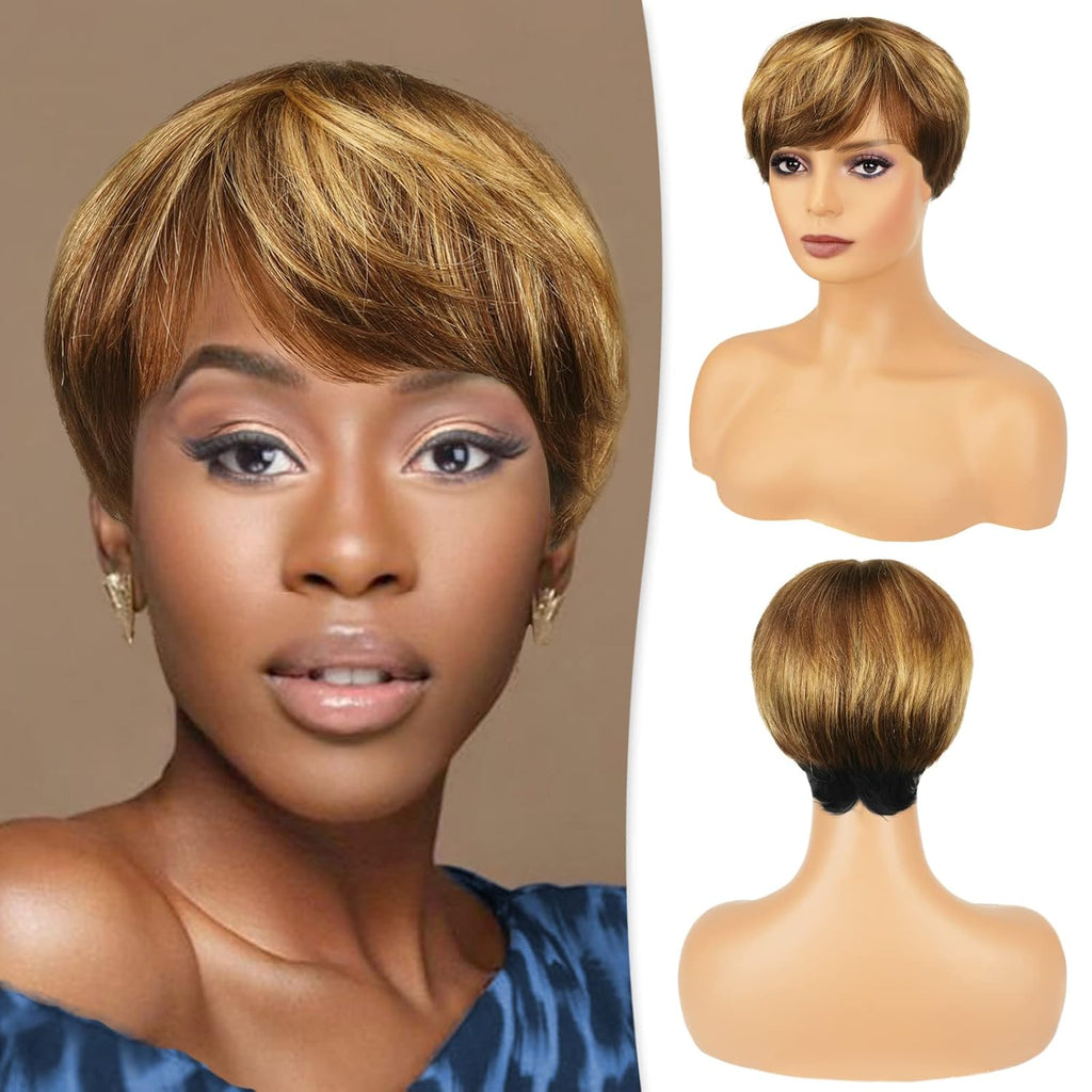 Pixie Cut Wigs for Black Women Pixie Cut Human Hair Wigs Short Layered Wigs Upper Brown&Blonde Mixed