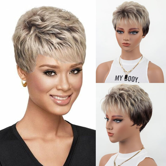 Ombre Blonde Pixie Cut Wig for White Black Women Short Layered Pixie Wig with Bangs Glueless Tapered Natural Hair Replacement Synthetic Wig