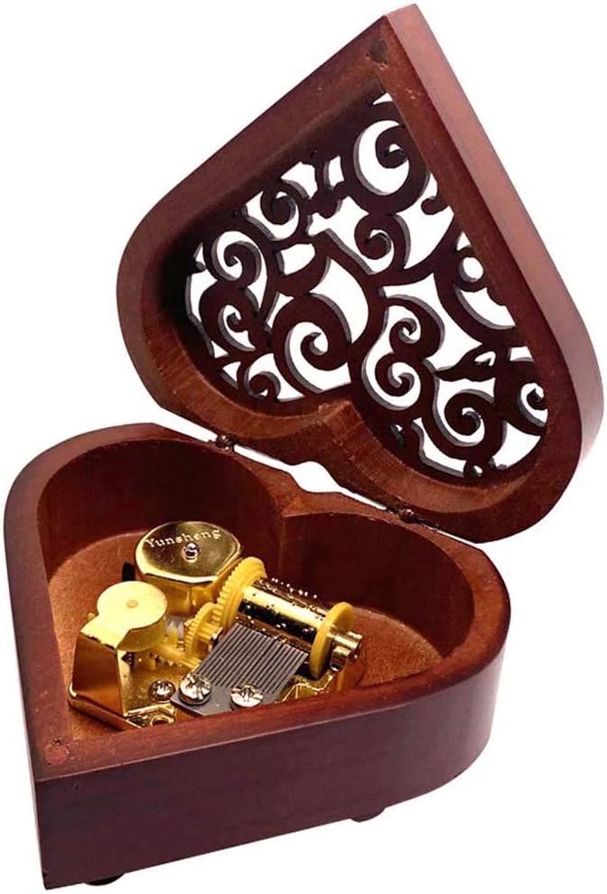 Music Box, Heart Shaped Vintage Hollow Out Wood Mechanism Wind Up Musical Box Gifts for Birthday Christmas Wedding Valentine's Day