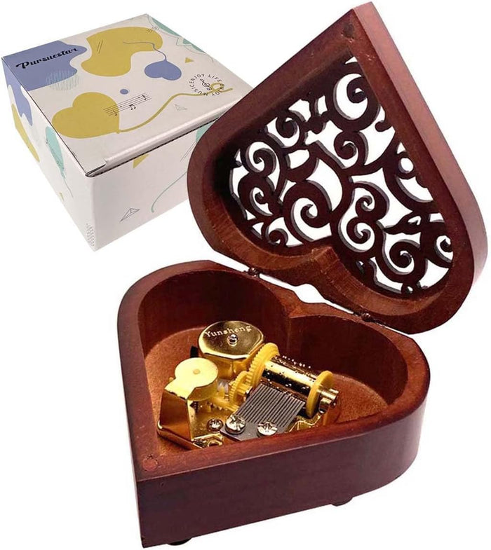 Amazing Grace Music Box, Heart Shaped Vintage Hollow Out Wood Mechanism Wind Up Musical Box Gifts for Birthday Christmas Wedding Valentine's Day