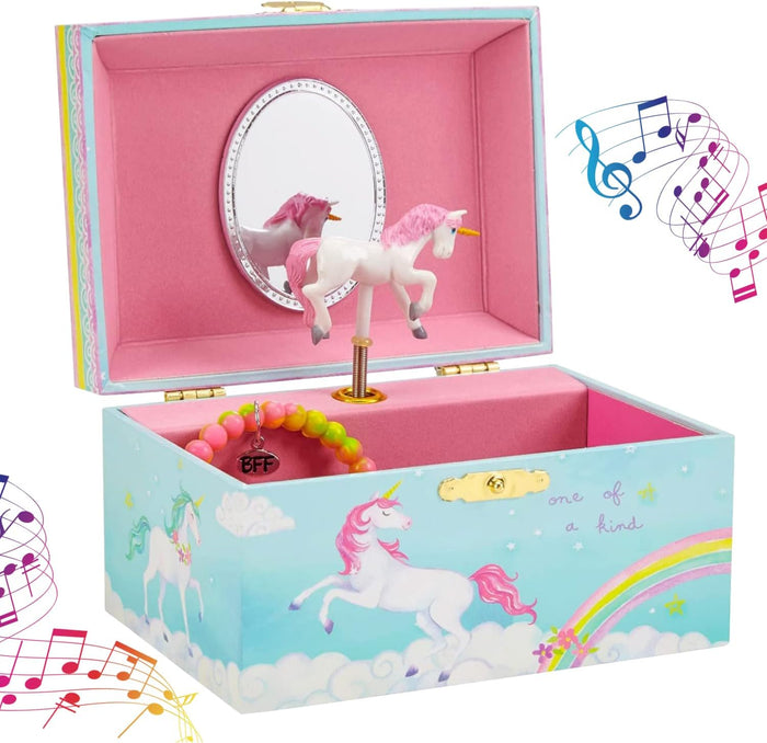 Girls Musical Jewelry Storage Box with Spinning Unicorn | Rainbow Design, The Beautiful Dreamer Tune - Enchanting Unicorn Musical Box | Ideal Gift for 5 Year Old Girls | 6 x 4 x 3.5 inches