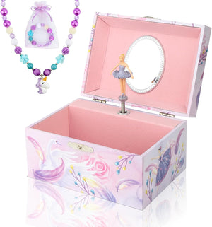Musical Jewelry Box for Girls with Unicorn Jewelry Set, Kids Jewelry Box Music Box with Spinning Ballerina Birthday Gifts for Girls, Ballerina Swan Lake Tune