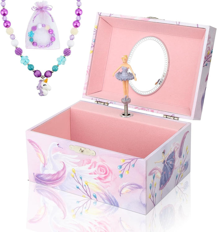 Musical Jewelry Box for Girls with Unicorn Jewelry Set, Kids Jewelry Box Music Box with Spinning Ballerina Birthday Gifts for Girls, Ballerina Swan Lake Tune