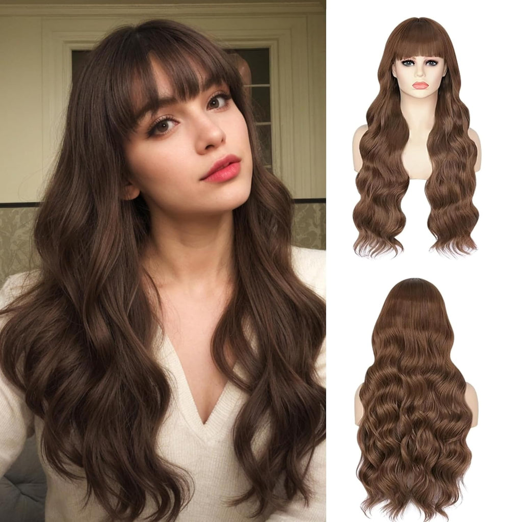 Long Dark Brown Wavy Wear and Go Glueless Wig with Bangs Ombre Brown Glueless Wigs