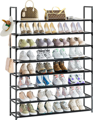 8 Tier Shoe Organizer, 33.3in Wide x 11.2in Deep x 55.7in Tall, Black Metal and Plastic Shoe Rack, Black