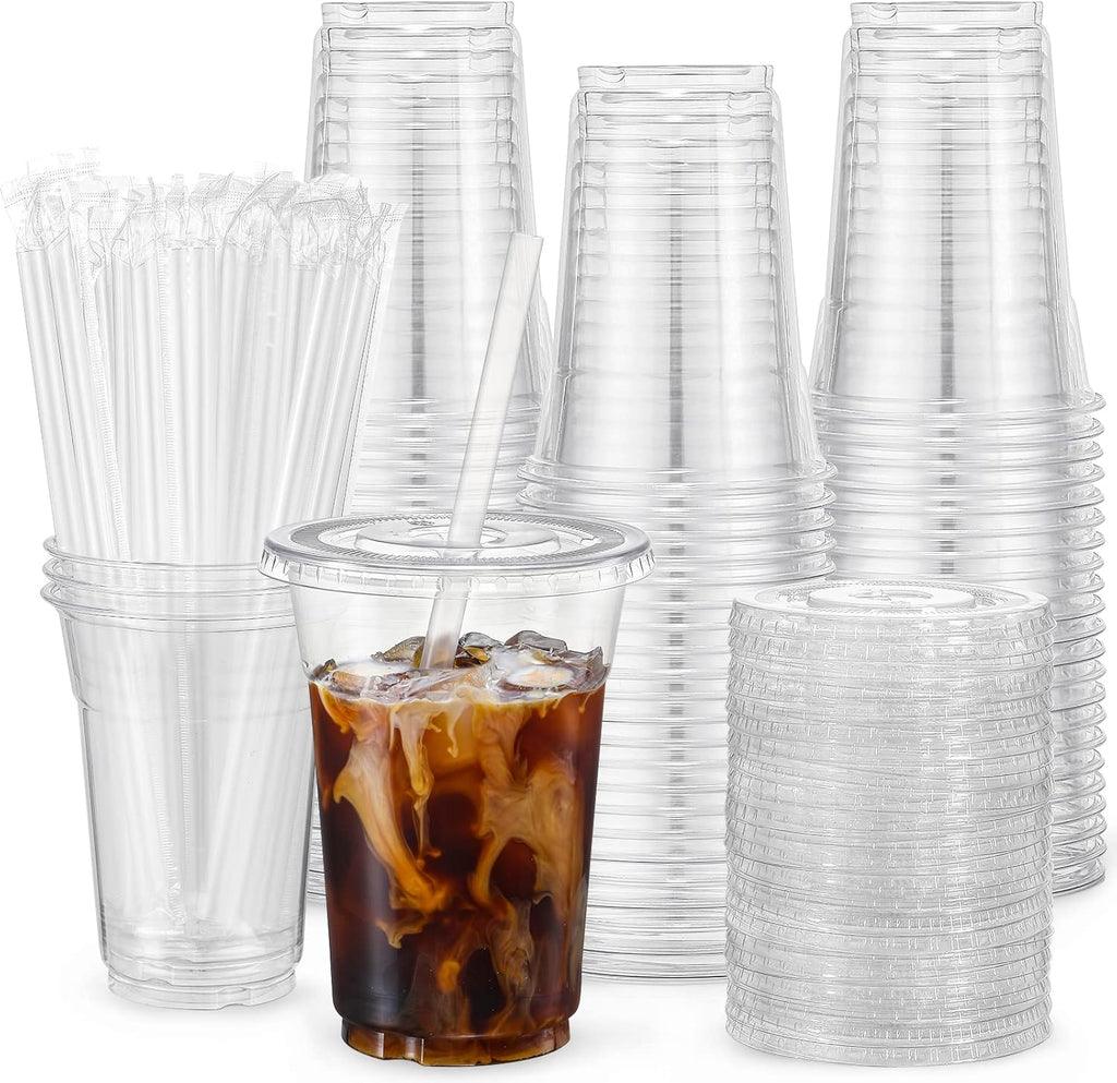 [100 Sets - 16oz] Plastic Cups with Lids and Straws, Disposable Cups for Iced Coffee, Smoothie, Milkshake, Cold Drinks - Clear