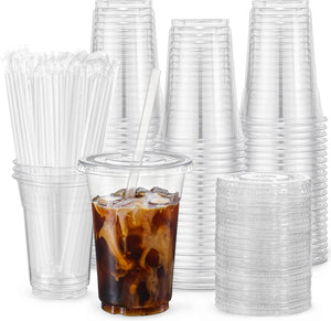 [100 Sets - 16oz] Plastic Cups with Lids and Straws, Disposable Cups for Iced Coffee, Smoothie, Milkshake, Cold Drinks - Clear