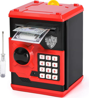 ATM Piggy Bank for Boys Girls, Mini ATM Coin Bank Money Saving Box with Password, Red Black