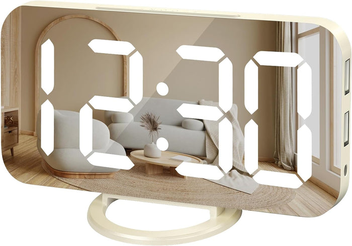 Large Mirrored LED Display with Dual USB Ports, Snooze Function Dim Mode Wall Hanging Decor