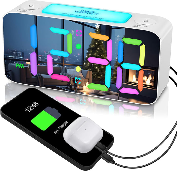 RGB Digital Mirror Alarm Clock, 15 Dynamic Color & 7" Large LED Screen, 4 Dimmable Level