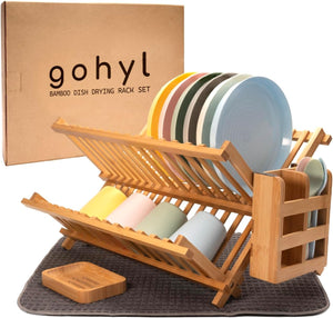 Kitchen Dish Drying Rack for Counter - Bamboo Wooden Collapsible Dishes 2 Tier Small Strainer Dishrack