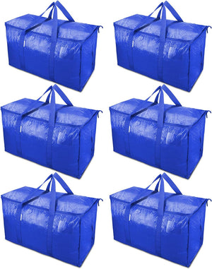 6 Pack Extra Large Moving Bags with Zippers & Carrying Handles, Heavy-Duty Storage Tote , Blue