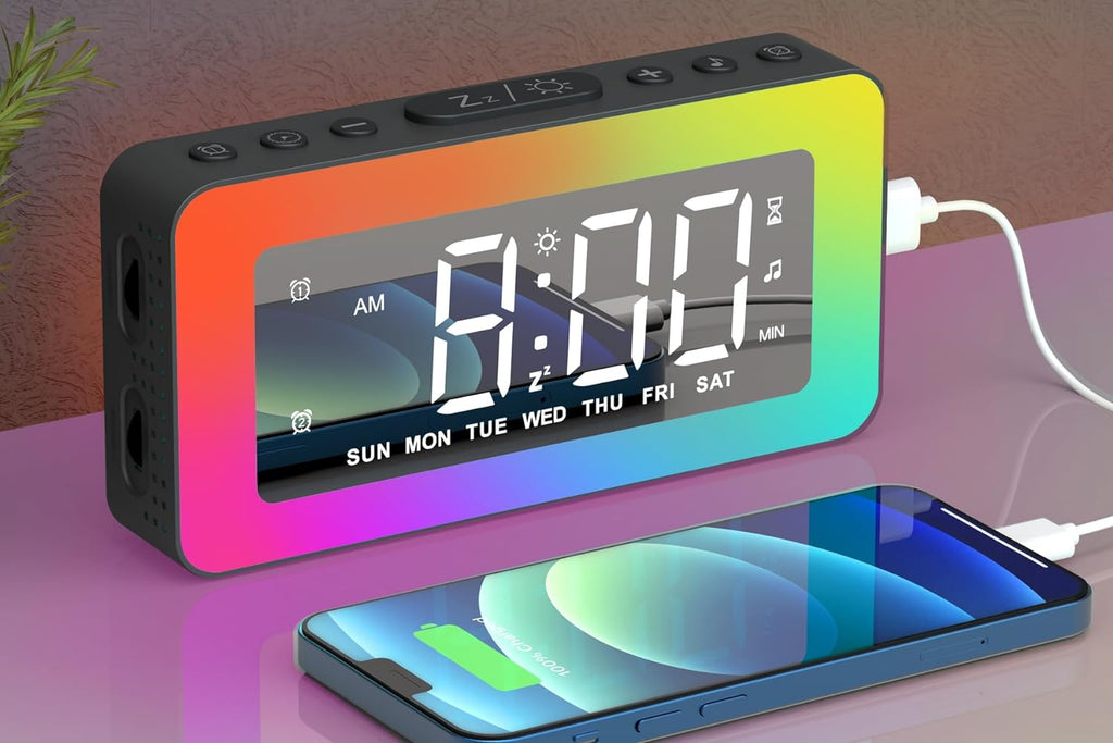 Kids Alarm Clock for Bedroom, Mirrored Digital Clock with 8 RGB Night Lights