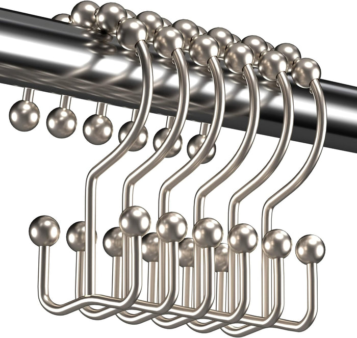 Shower Curtain Rings Rust Proof Metal Double Glide, Set of 12 Hooks - Nickel