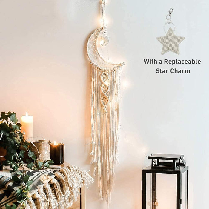 Boho Macrame Woven Wall Hanging, Crochet Crescent Moon Star Dream Catcher with Long Tassel, Cream White