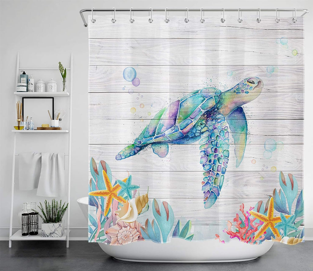 Sea Turtle Shower Curtain Beach Theme Turtle Starfish Corals Teal Ocean Marine Animals, 69x70 Inch Waterproof Fabric with 12 Hooks