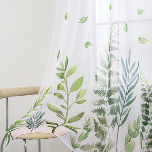 White Sheer Curtains Leaf Pattern Printed Semi-Sheer Curtain 63 Inches Long 2 Panels (W52 x L63, White&Green)