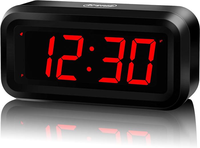 LED Digital Clock, Small Wall Clock, Battery Operated, Adjustable 3-Level Led Brightness, Dim Night Mode (Black Case-red Led)