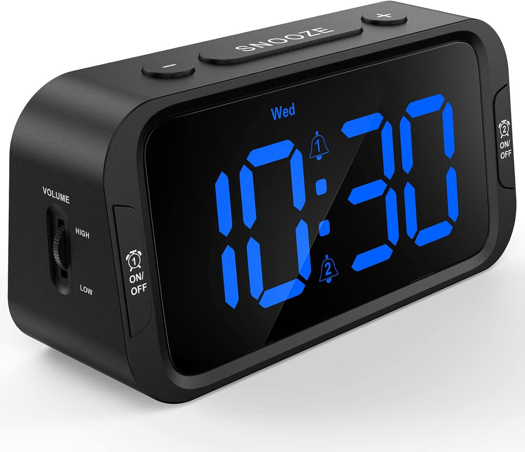 Digital Dual Alarm Clock for Bedroom, Easy to Set, 0-100% Dimmer, USB Charger Compact for Bedside (Blue)