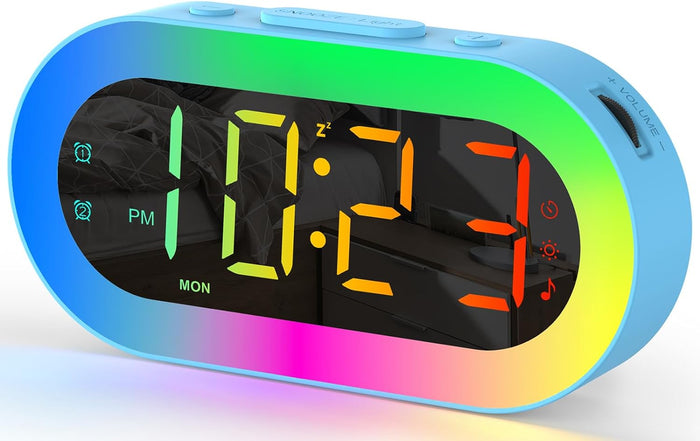 Kids Alarm Clock with Night Light for Bedroom, Color Changing Alarm Clock with USB Ports (B-blue+multicolor Digit)