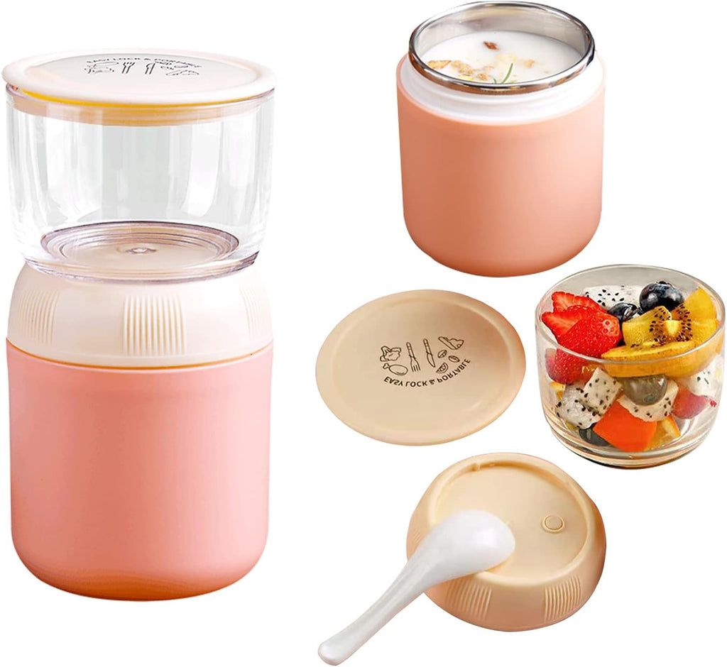 Insulated Yogurt Container with Topping Cereal or Oatmeal Cup, Reusable Portable Leak-Proof Food Storage Jar with Lid and Spoon, Pink