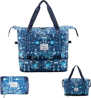 Large Capacity Foldable Travel Bag Expandable Portable Carry on Bag Dry&Wet Separation Sports Duffel Bags, Blue Flower