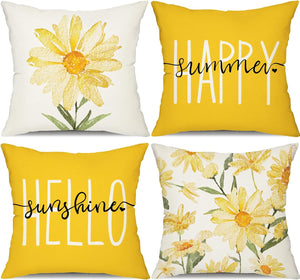 Set of 4 Watercolor Daisy Throw Pillow Covers Hello Sunshine Summer Yellow  Outdoor Decor