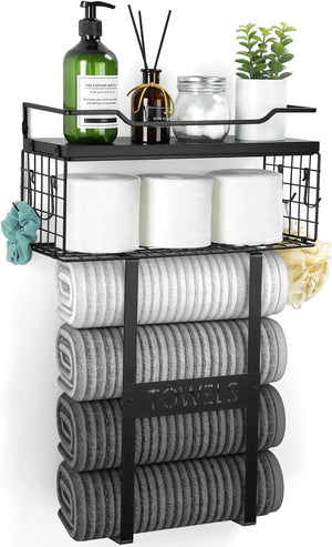 Bath Wall Towel Storage Holder Set Above Toilet, Rolled Towel Shelf Organizer for Small Bathroom Black