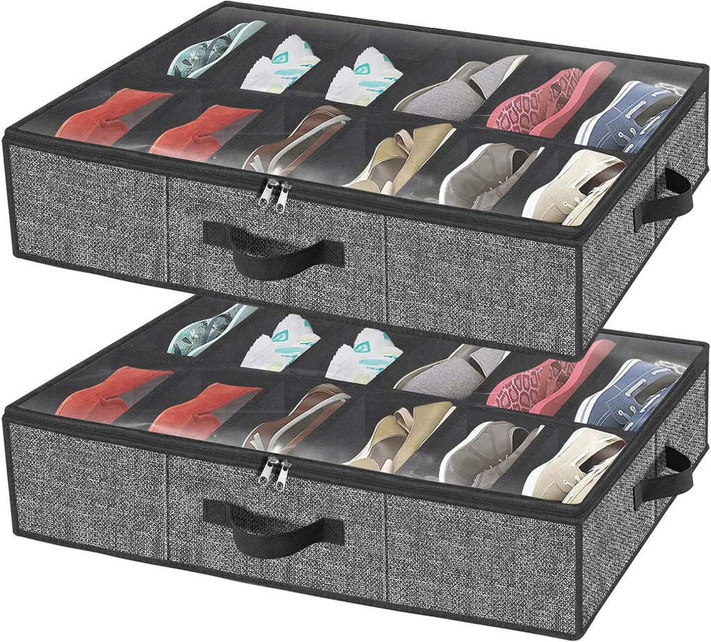 Under Bed Shoe Storage Organizer for Closet Fits 24 Pairs-Sturdy Underbed Shoe Storage Box Bins,Set of 2 (Linen-like Black)